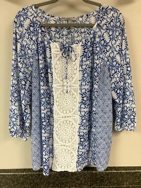 3/28 Valerie Stevens blue & white lace detail shirt 1X